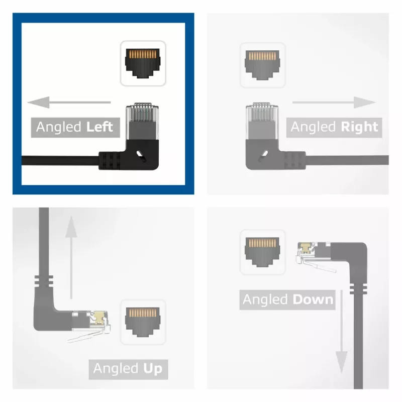 ACT Black 0.25 meters U/UTP CAT6A LSZH Slimline patch cable with RJ45 connectors 90° angled left to straight