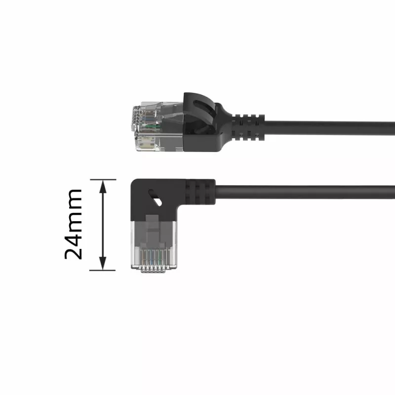 ACT Black 0.5 meters U/UTP CAT6A LSZH Slimline patch cable with RJ45 connectors 90° angled right to straight