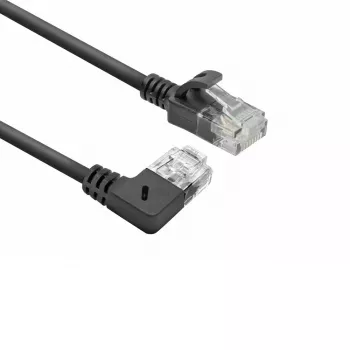 ACT Black 0.25 meters U/UTP CAT6A LSZH Slimline patch cable with RJ45 connectors 90° angled right to straight