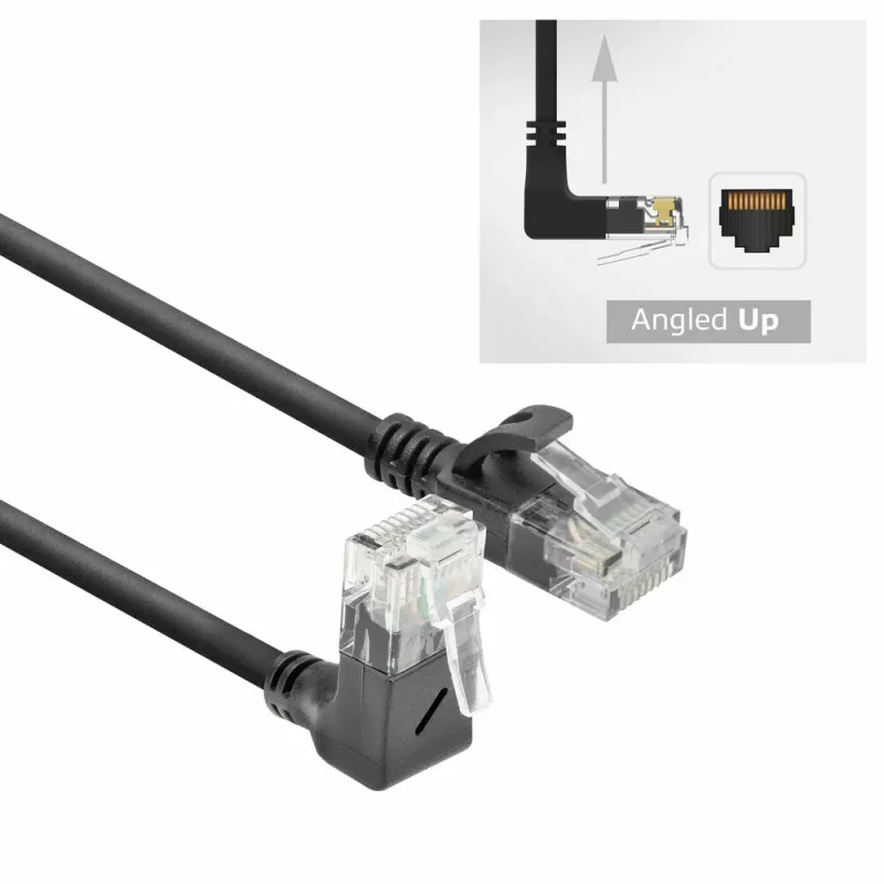 ACT Black 0.5 meters U/UTP CAT6A LSZH Slimline patch cable with RJ45 connectors 90° angled up to straight