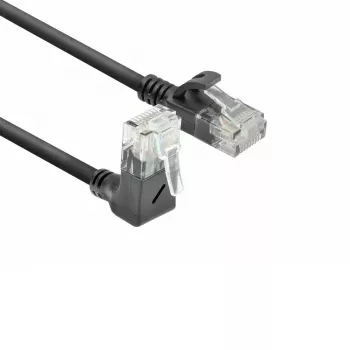 ACT Black 0.15 meters U/UTP CAT6A LSZH Slimline patch cable with RJ45 connectors 90° angled up to straight