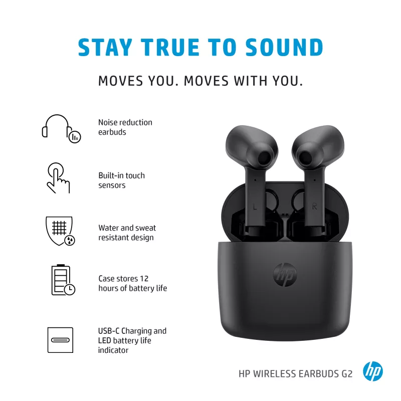 HP Wireless Earbuds G2, Wireless, Music, 12 g, Headphones, Black
