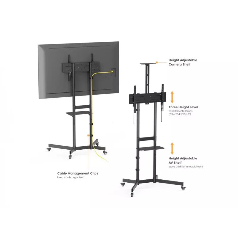 TV Trolley EQUIP 37 inch–70 inch Economy for 37–70 inch screens, 70 kg capacity, VESA 100x100–600x400, height 1337–1430 mm, tilt -10°–5°, black