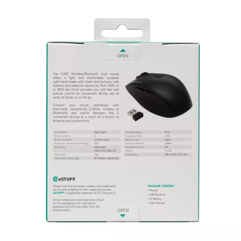 eSTUFF GLB214002 mouse Office Right-hand RF Wireless + Bluetooth IR LED 1800 DPI