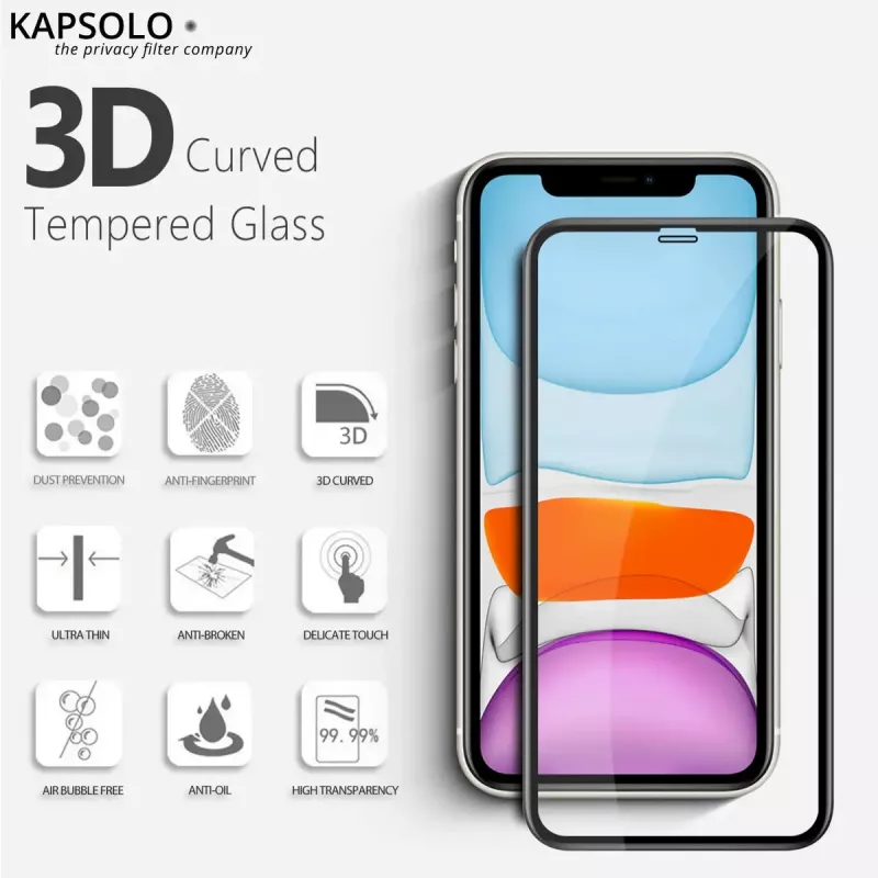Tempered glass screen protector Kapsolo for iPhone 13 / iPhone 14 Max — curved 9H, fits up to 15.5 cm (6.1 inch)