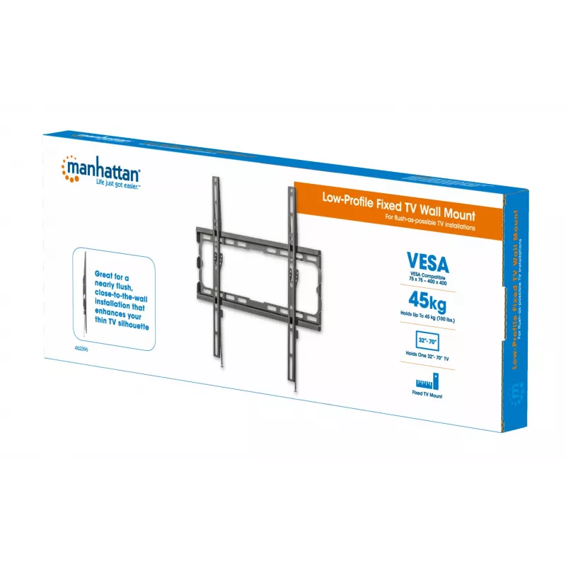 Manhattan Wall Mount for TV & Monitors (Fixed), For screens 32 inch to 55 inch, VESA compatibility: all between 200x200mm to 400x400mm - check the dimensions of the four mounting holes on back of screen to ensure it fits, Max 40kg, Black, Bracket