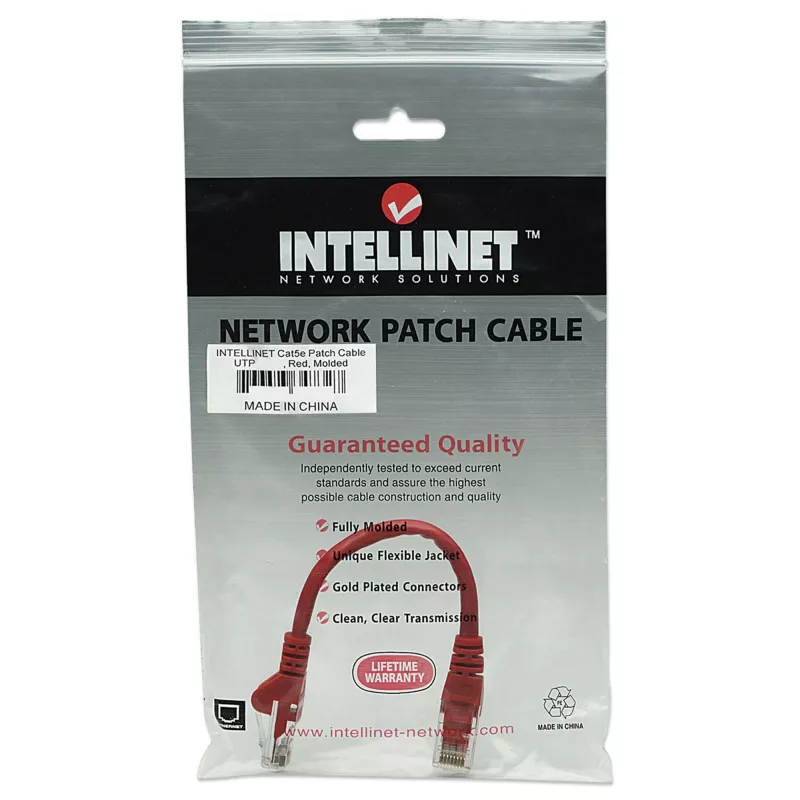 Intellinet Network Patch Cable, Cat5e, 0.5m, Red, CCA, U/UTP, PVC, RJ45, Gold Plated Contacts, Snagless, Booted, Lifetime Warranty