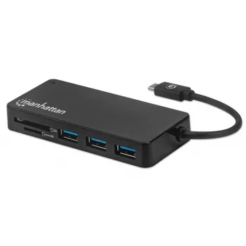 Manhattan USB-C Dock/Hub with Card Reader, Ports (x3): USB-A (x3), 5 Gbps (USB 3.2 Gen1 aka USB 3.0), External Power Supply Not Needed, Universal for all devices, SuperSpeed USB, Black, Three Year Warranty