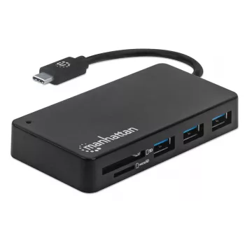 Manhattan USB-C Dock/Hub with Card Reader, Ports (x3): USB-A (x3), 5 Gbps (USB 3.2 Gen1 aka USB 3.0), External Power Supply Not Needed, Universal for all devices, SuperSpeed USB, Black, Three Year Warranty
