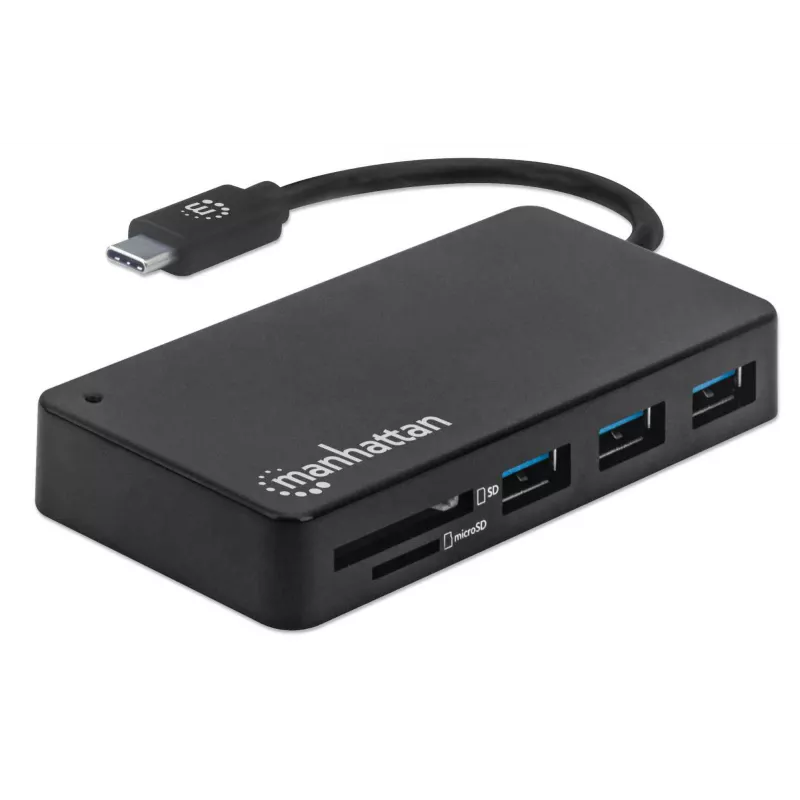 Manhattan USB-C Dock/Hub with Card Reader, Ports (x3): USB-A (x3), 5 Gbps (USB 3.2 Gen1 aka USB 3.0), External Power Supply Not Needed, Universal for all devices, SuperSpeed USB, Black, Three Year Warranty
