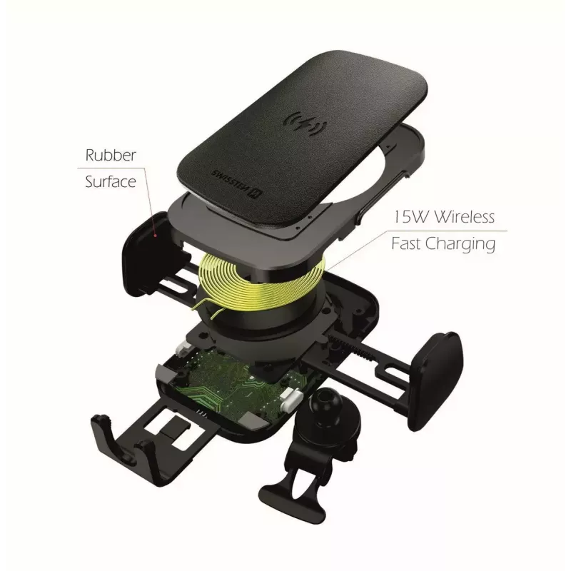 Car wireless charger and holder SWISSTEN W2-AV5, 15W Qi charging, Micro USB cable 1.2 m
