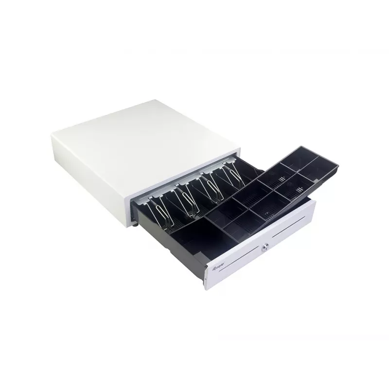 Cash register drawer EQUIP 351011, manual/automatic POS drawer, 4 bill / 8 coin compartments, metal, white, 420×405×110 mm