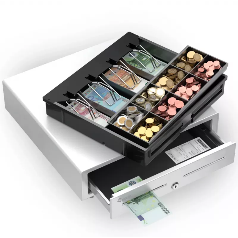 Cash register drawer EQUIP 351011, manual/automatic POS drawer, 4 bill / 8 coin compartments, metal, white, 420×405×110 mm
