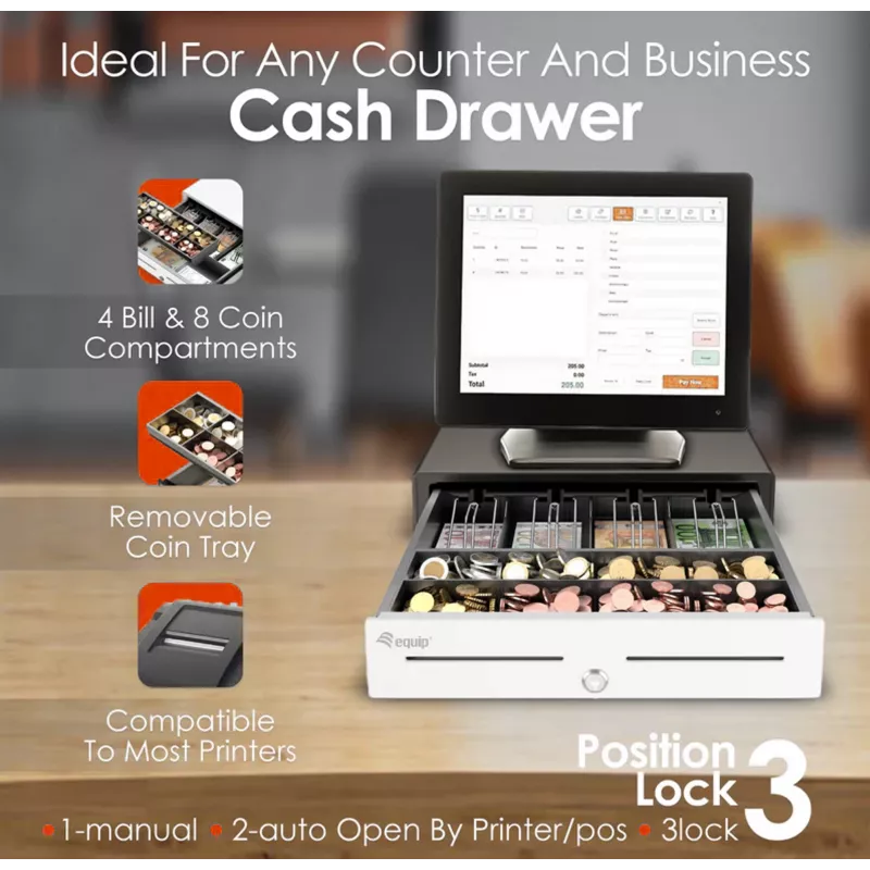 Cash register drawer EQUIP 351011, manual/automatic POS drawer, 4 bill / 8 coin compartments, metal, white, 420×405×110 mm
