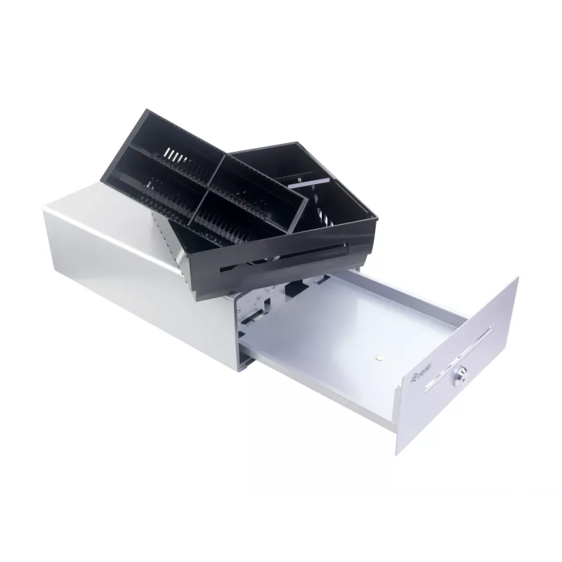 Equip Cash Register Drawer for Point of Sale (POS) System, 4 Bill/4 Coin Compartments, Removable Coin Slots, RJ11 connector, Aluminum