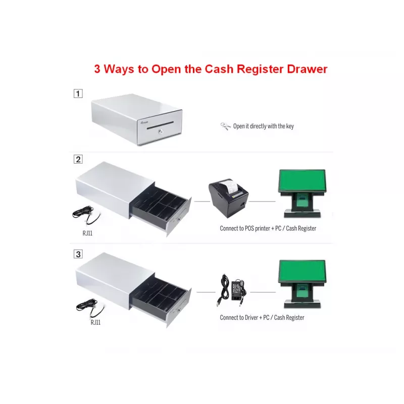 Equip Cash Register Drawer for Point of Sale (POS) System, 4 Bill/4 Coin Compartments, Removable Coin Slots, RJ11 connector, Aluminum