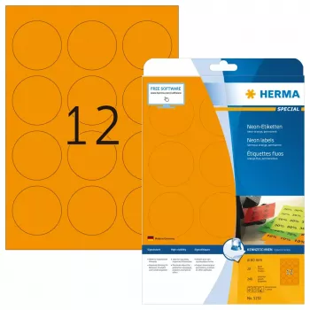 Self-adhesive printer label HERMA Neon labels A4 Ø 60 mm round luminous orange