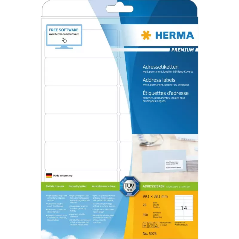 Address labels Premium HERMA 5076 A4 99.1x38.1 mm