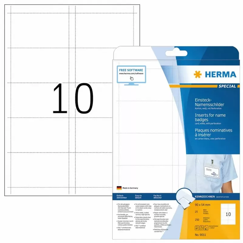 Name badge inserts HERMA A4 90x54 mm white cardboard 250 pcs