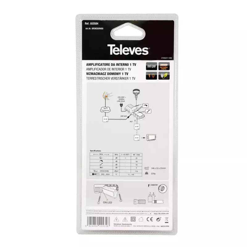 TV signal amplifier Televes 553504 88 - 1006 MHz F connector AC 220 - 230 V