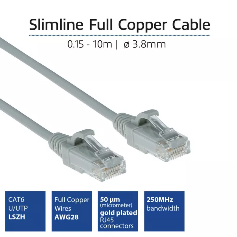 ACT Grey 10 meter LSZH U/UTP CAT6 datacenter slimline patch cable snagless with RJ45 connectors