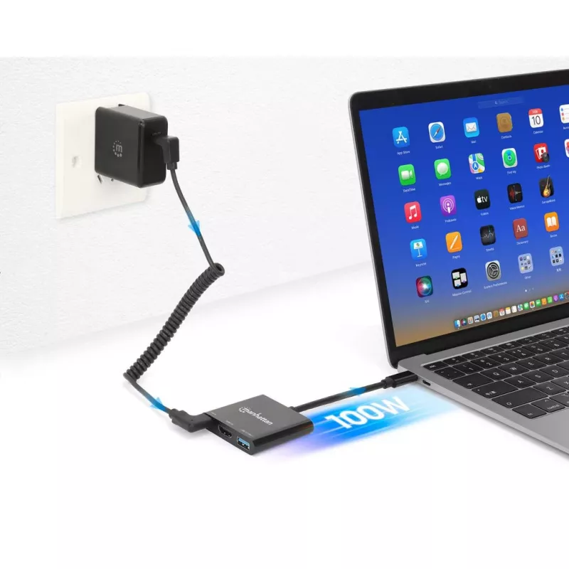 Manhattan USB-C Dock/Hub, Ports (x3): HDMI, USB-A and USB-C, With Power Delivery (100W) to USB-C Port (Note additional USB-C wall charger and USB-C cable needed), Universal for all devices, Cable 10cm, Black, Three Year Warranty