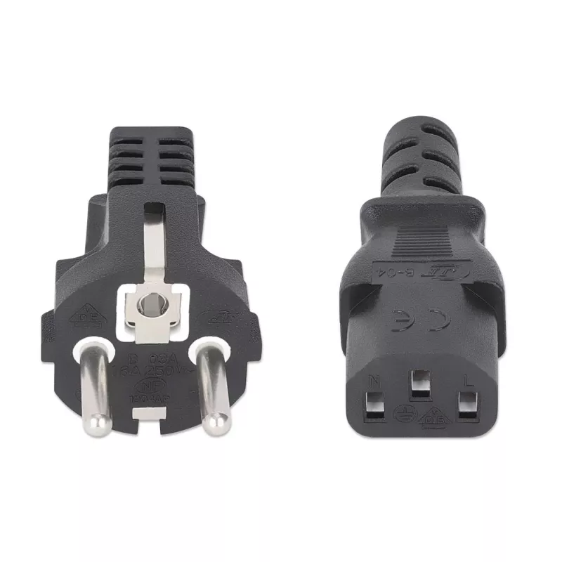 Manhattan Mains Power Cord/Cable, Euro 2-pin plug (CEE 7/4 Schuko) to C13 Female (kettle lead), 5m, 10A, Black, Lifetime Warranty
