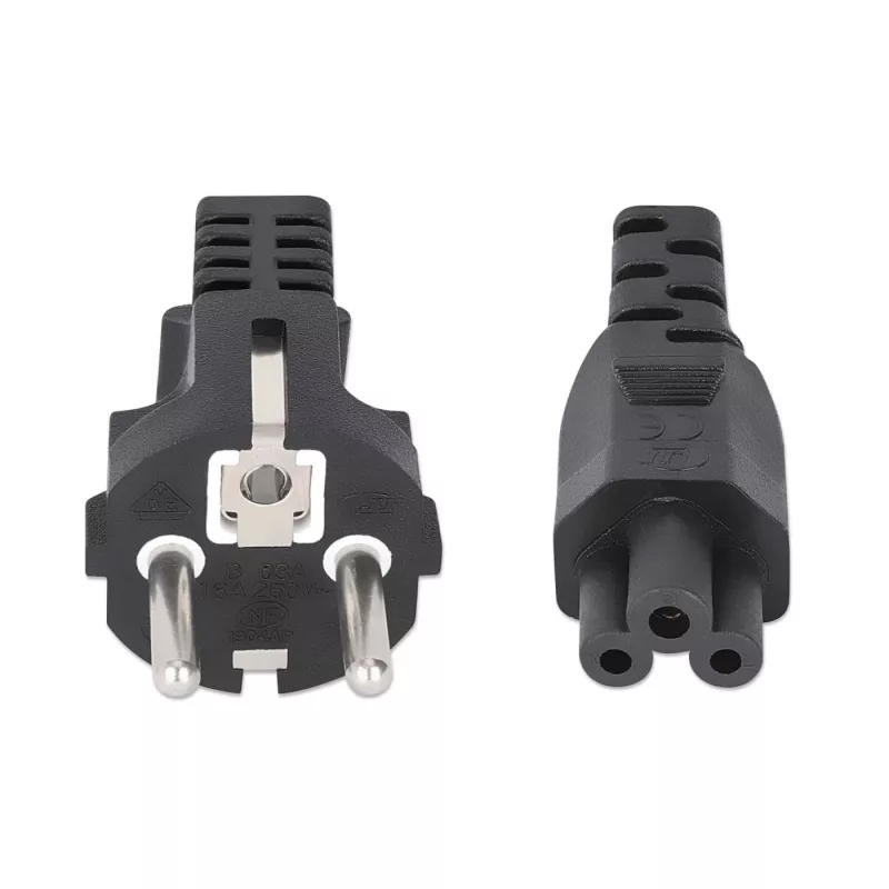 Manhattan Mains Power Cord/Cable, Euro 2-pin (CEE 7/4 Schuko) plug to C5 Female (cloverleaf/triangular), 1m, 2.5A, Lead, Lifetime Warranty