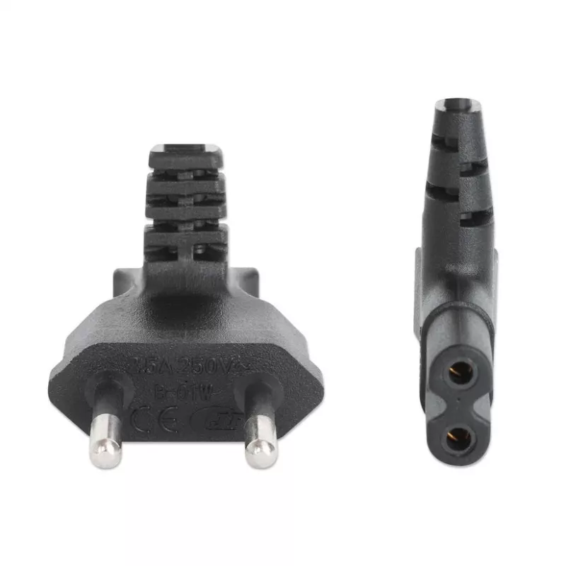 Manhattan Mains Power Cord/Cable (Right Angled), Euro 2-pin (CEE 7/16 Euro 8) plug to C7 Female (figure of eight), 2m, 2.3A, Black, Lead, Lifetime Warranty