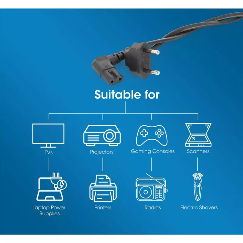 Manhattan Mains Power Cord/Cable (Right Angled), Euro 2-pin (CEE 7/16 Euro 8) plug to C7 Female (figure of eight), 2m, 2.3A, Black, Lead, Lifetime Warranty