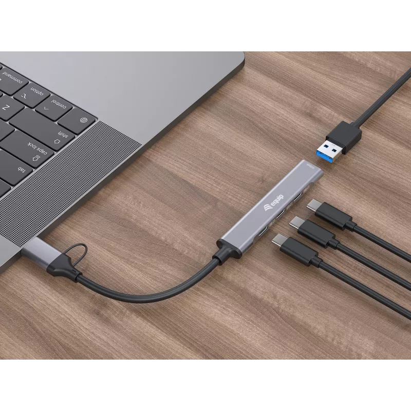 USB 3.2 Gen 1 4-Port Hub EQUIP — 3× USB‑C + 1× USB‑A, 5 Gbit/s, aluminium, grey