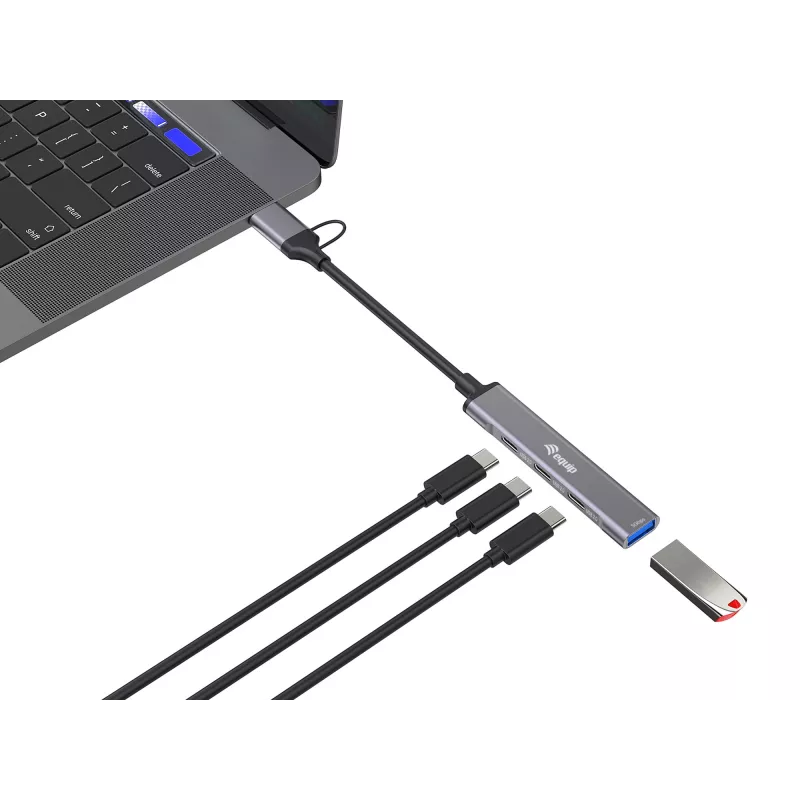 USB 3.2 Gen 1 4-Port Hub EQUIP — 3× USB‑C + 1× USB‑A, 5 Gbit/s, aluminium, grey