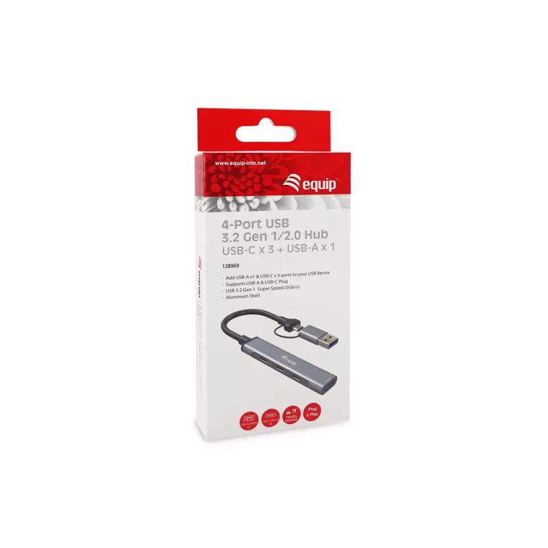USB 3.2 Gen 1 4-Port Hub EQUIP — 3× USB‑C + 1× USB‑A, 5 Gbit/s, aluminium, grey