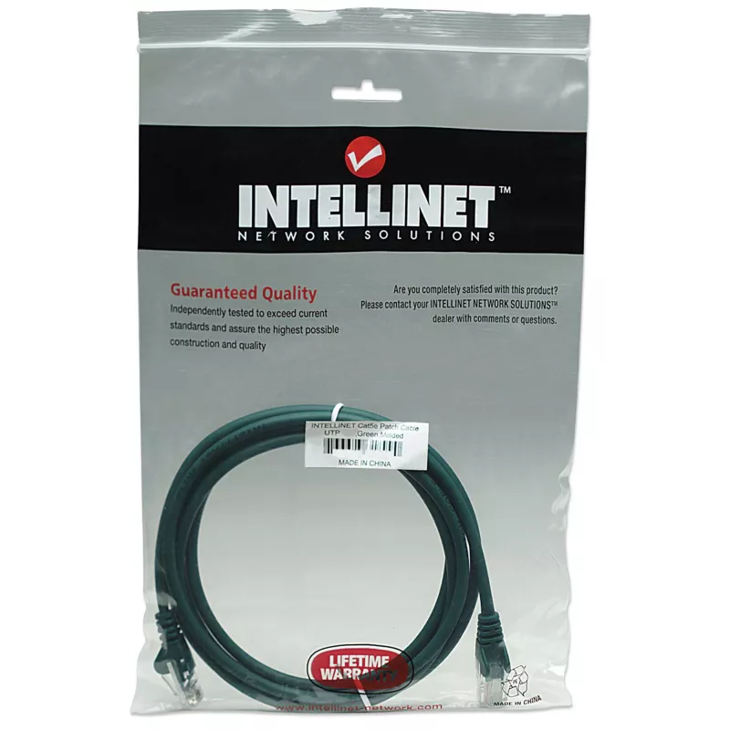 Intellinet Network Patch Cable, Cat5e, 15m, Green, CCA, U/UTP, PVC, RJ45, Gold Plated Contacts, Snagless, Booted, Lifetime Warranty