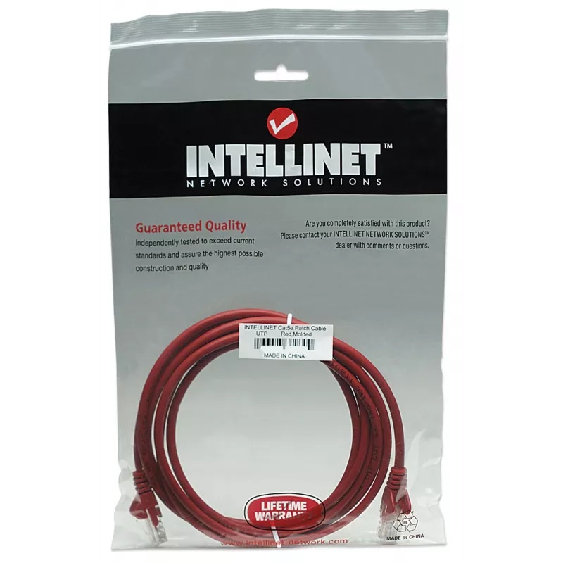 Intellinet Network Patch Cable, Cat5e, 15m, Red, CCA, U/UTP, PVC, RJ45, Gold Plated Contacts, Snagless, Booted, Lifetime Warranty
