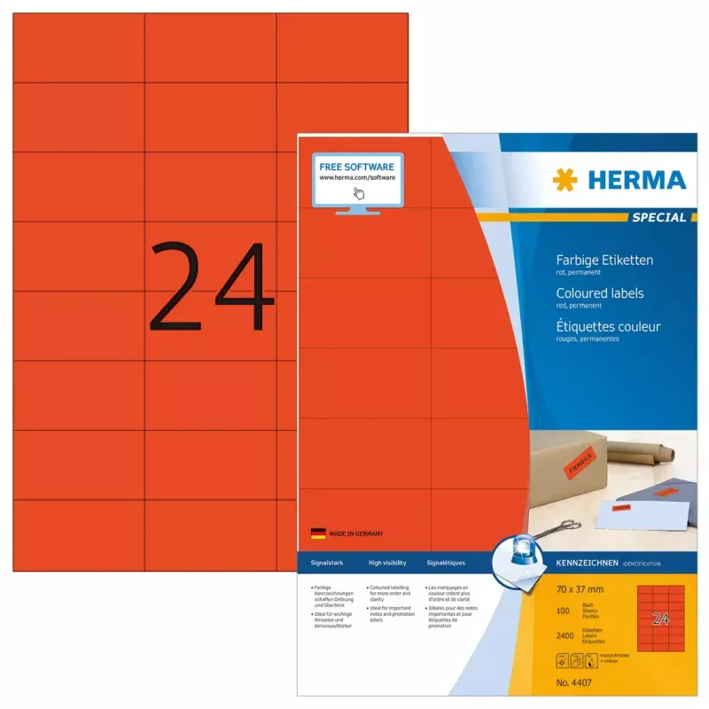 Labels HERMA Coloured A4 70x37 mm red paper matt 2400 pcs