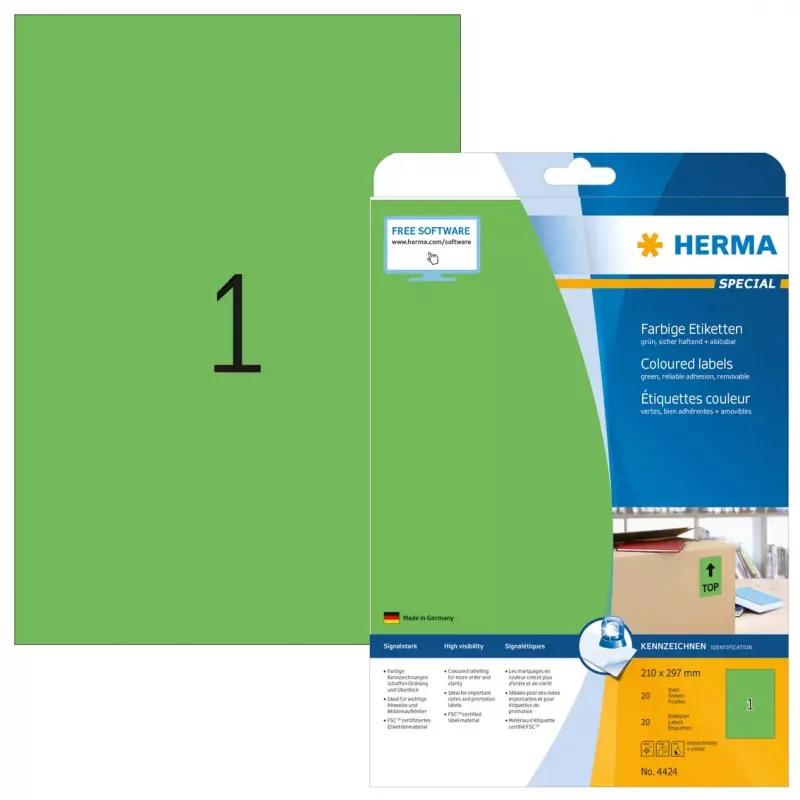 Self-adhesive printer label HERMA Coloured Labels A4 210x297 mm green paper matt 20 pcs.