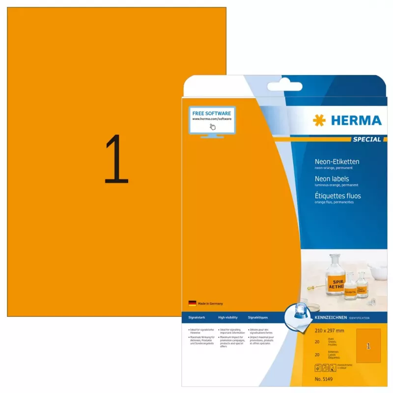 Neon labels HERMA A4 210x297 mm luminous orange paper matt 20 pcs