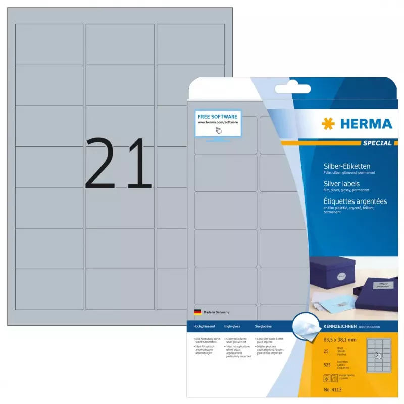 Self-adhesive printer label HERMA Labels A4 63.5x38.1 mm silver film glossy