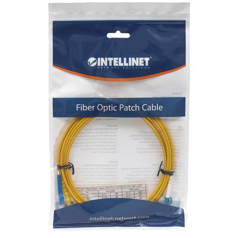 Intellinet Fiber Optic Patch Cable, OS2, LC/ST, 5m, Yellow, Duplex, Single-Mode, 9/125 µm, LSZH, Fibre, Lifetime Warranty