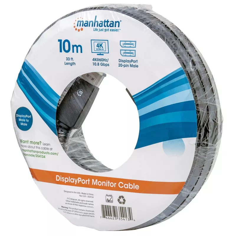 Manhattan DisplayPort 1.1 Cable, 4K@60Hz, 10m, Male to Male, With Latches, Fully Shielded, Black, Lifetime Warranty