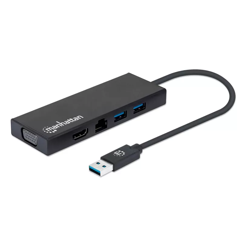 Manhattan USB-A Dock/Hub, Ports (x5): Ethernet, HDMI, USB-A (x2) and VGA, Micro-USB Power Input Port (Optional, only when additional power needed. Not required for dual monitor functionality. Cable not included), Aluminium, Black, Three Year Warranty