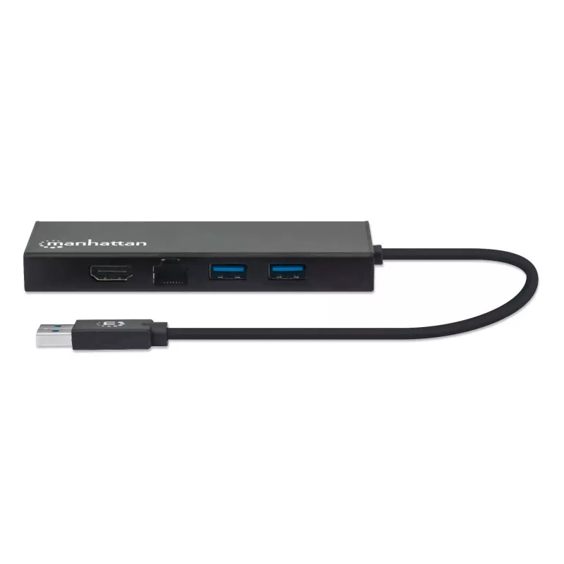 Manhattan USB-A Dock/Hub, Ports (x5): Ethernet, HDMI, USB-A (x2) and VGA, Micro-USB Power Input Port (Optional, only when additional power needed. Not required for dual monitor functionality. Cable not included), Aluminium, Black, Three Year Warranty
