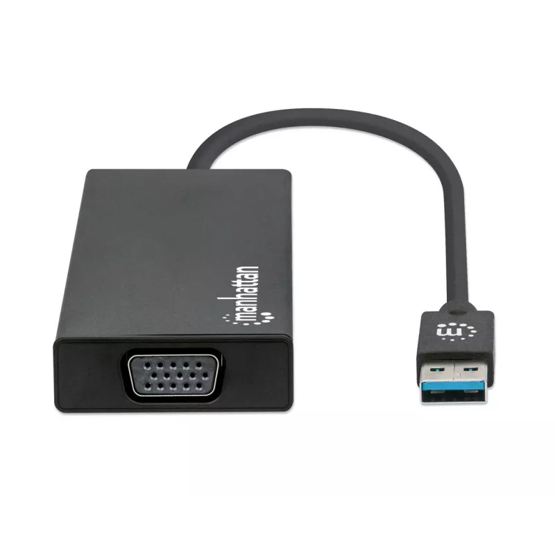 Manhattan USB-A Dock/Hub, Ports (x5): Ethernet, HDMI, USB-A (x2) and VGA, Micro-USB Power Input Port (Optional, only when additional power needed. Not required for dual monitor functionality. Cable not included), Aluminium, Black, Three Year Warranty