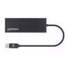 Manhattan USB-A Dock/Hub, Ports (x5): Ethernet, HDMI, USB-A (x2) and VGA, Micro-USB Power Input Port (Optional, only when additional power needed. Not required for dual monitor functionality. Cable not included), Aluminium, Black, Three Year Warranty