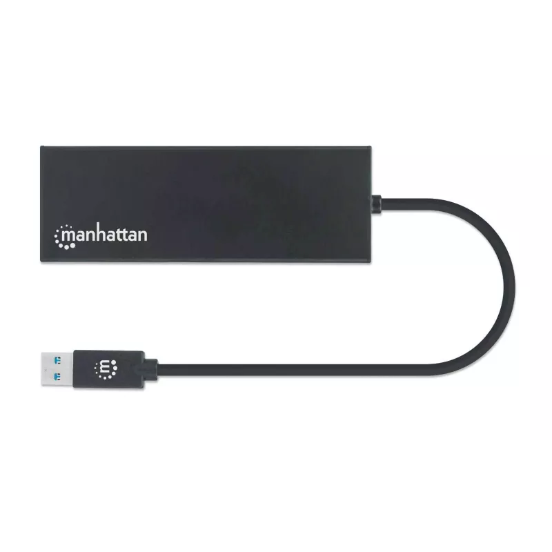 Manhattan USB-A Dock/Hub, Ports (x5): Ethernet, HDMI, USB-A (x2) and VGA, Micro-USB Power Input Port (Optional, only when additional power needed. Not required for dual monitor functionality. Cable not included), Aluminium, Black, Three Year Warranty
