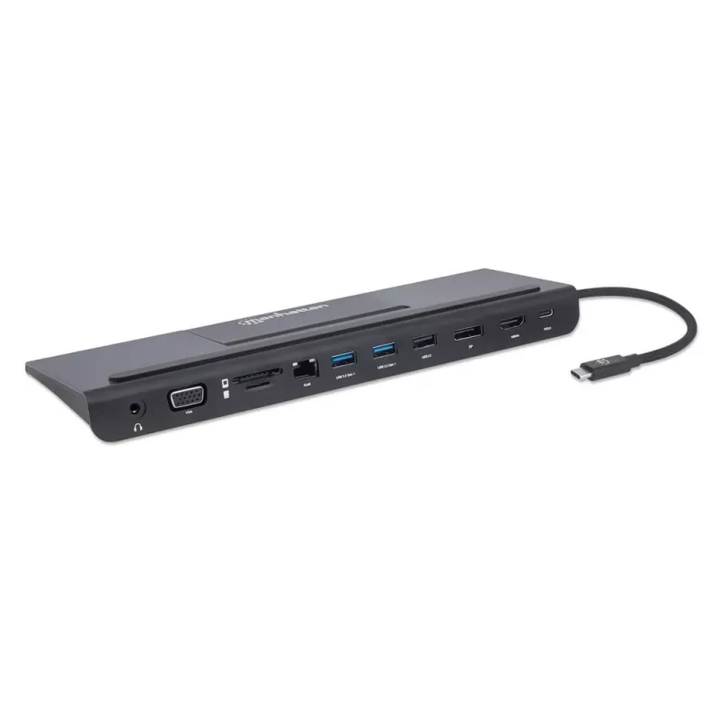 Manhattan USB-C Dock/Hub with Card Reader and MST, Ports (x9): Audio 3.5mm, DisplayPort, Ethernet, HDMI, USB-A (x3), USB-C and VGA, With Power Delivery (100W) to USB-C Port (Note add USB-C wall charger and USB-C cable needed),All Ports can be used at the same time