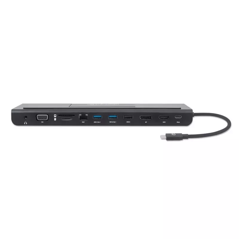 Manhattan USB-C Dock/Hub with Card Reader and MST, Ports (x9): Audio 3.5mm, DisplayPort, Ethernet, HDMI, USB-A (x3), USB-C and VGA, With Power Delivery (100W) to USB-C Port (Note add USB-C wall charger and USB-C cable needed),All Ports can be used at the same time