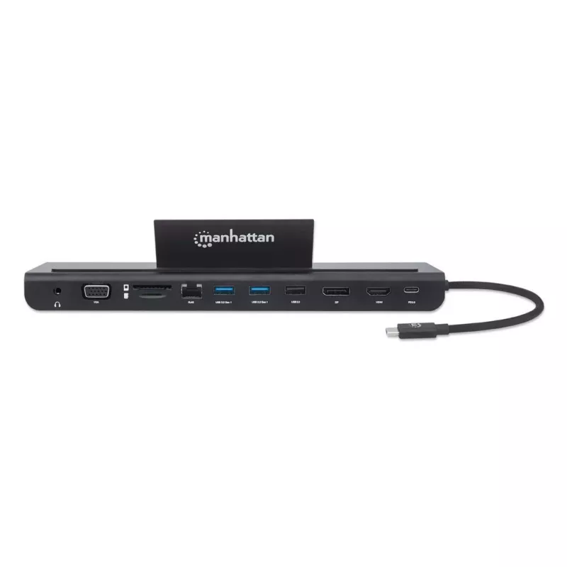 Manhattan USB-C Dock/Hub with Card Reader and MST, Ports (x9): Audio 3.5mm, DisplayPort, Ethernet, HDMI, USB-A (x3), USB-C and VGA, With Power Delivery (100W) to USB-C Port (Note add USB-C wall charger and USB-C cable needed),All Ports can be used at the same time