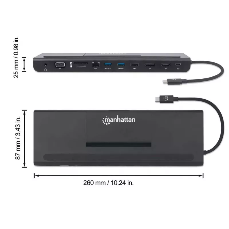 Manhattan USB-C Dock/Hub with Card Reader and MST, Ports (x9): Audio 3.5mm, DisplayPort, Ethernet, HDMI, USB-A (x3), USB-C and VGA, With Power Delivery (100W) to USB-C Port (Note add USB-C wall charger and USB-C cable needed),All Ports can be used at the same time